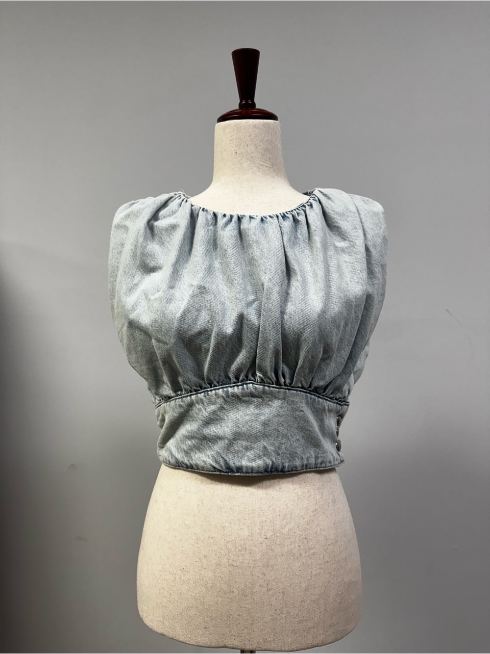 Washed Denim Crop Top with Gathered Neckline - Light Blue